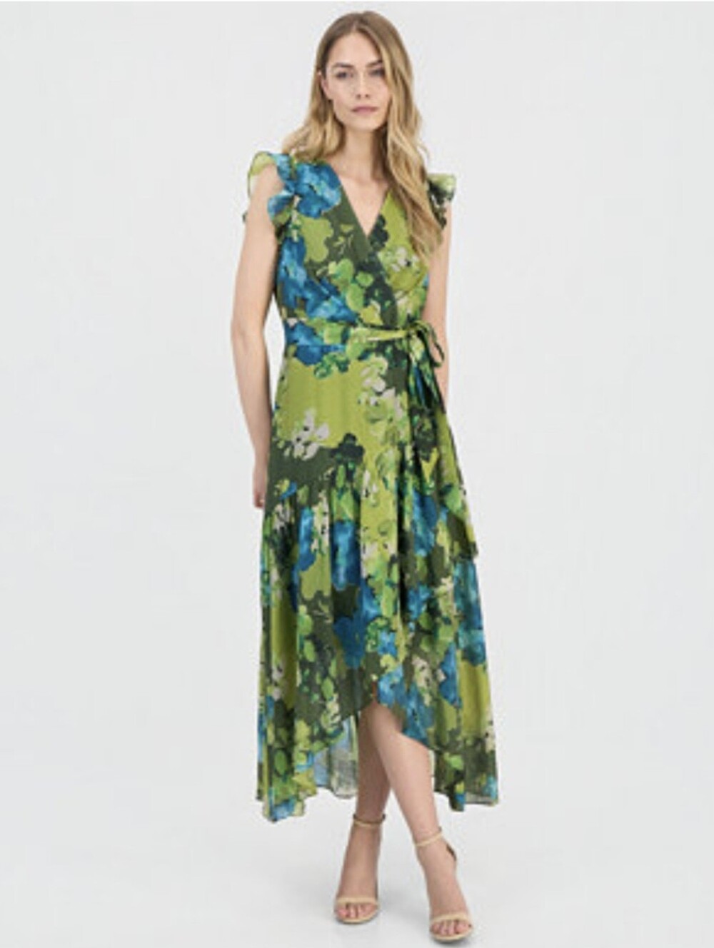 Anne Klein Green and Blue Floral-Print Chiffon Tie-Waist Midi Dress NWT $149